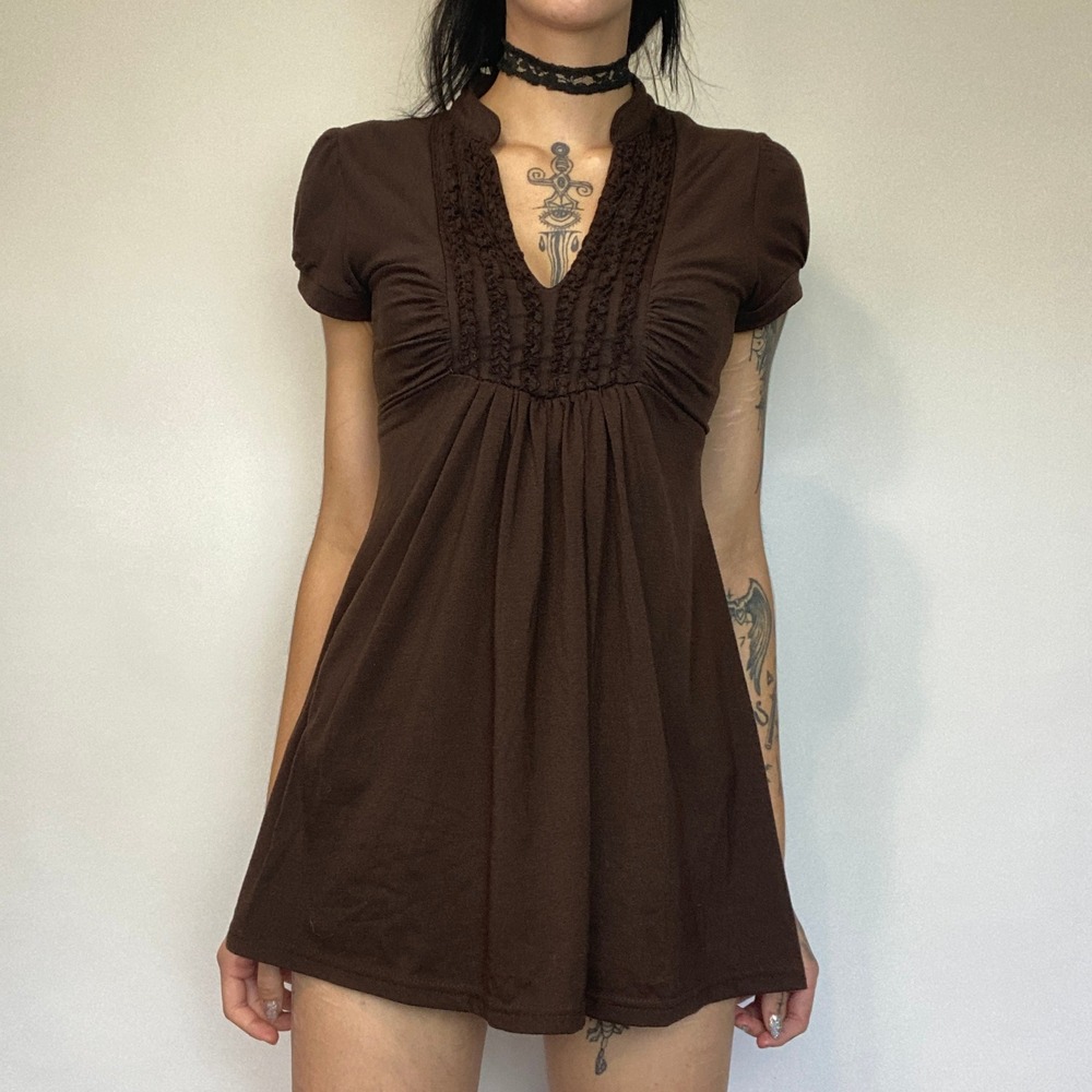 Green Lily Y2K Chocolate Brown Babydoll Empire Waist Tunic Top Whimsigoth Office